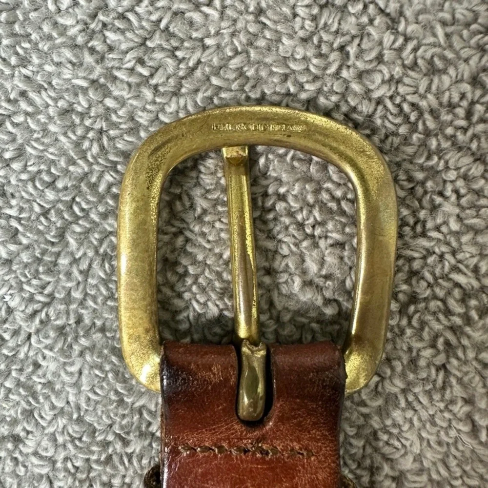 Vintage Sailboat Embroidered Canvas Leather Belt Solid Brass Buckle Brown Navy